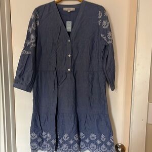 LOFT Blue Long Sleeve Dress with White Embroidery